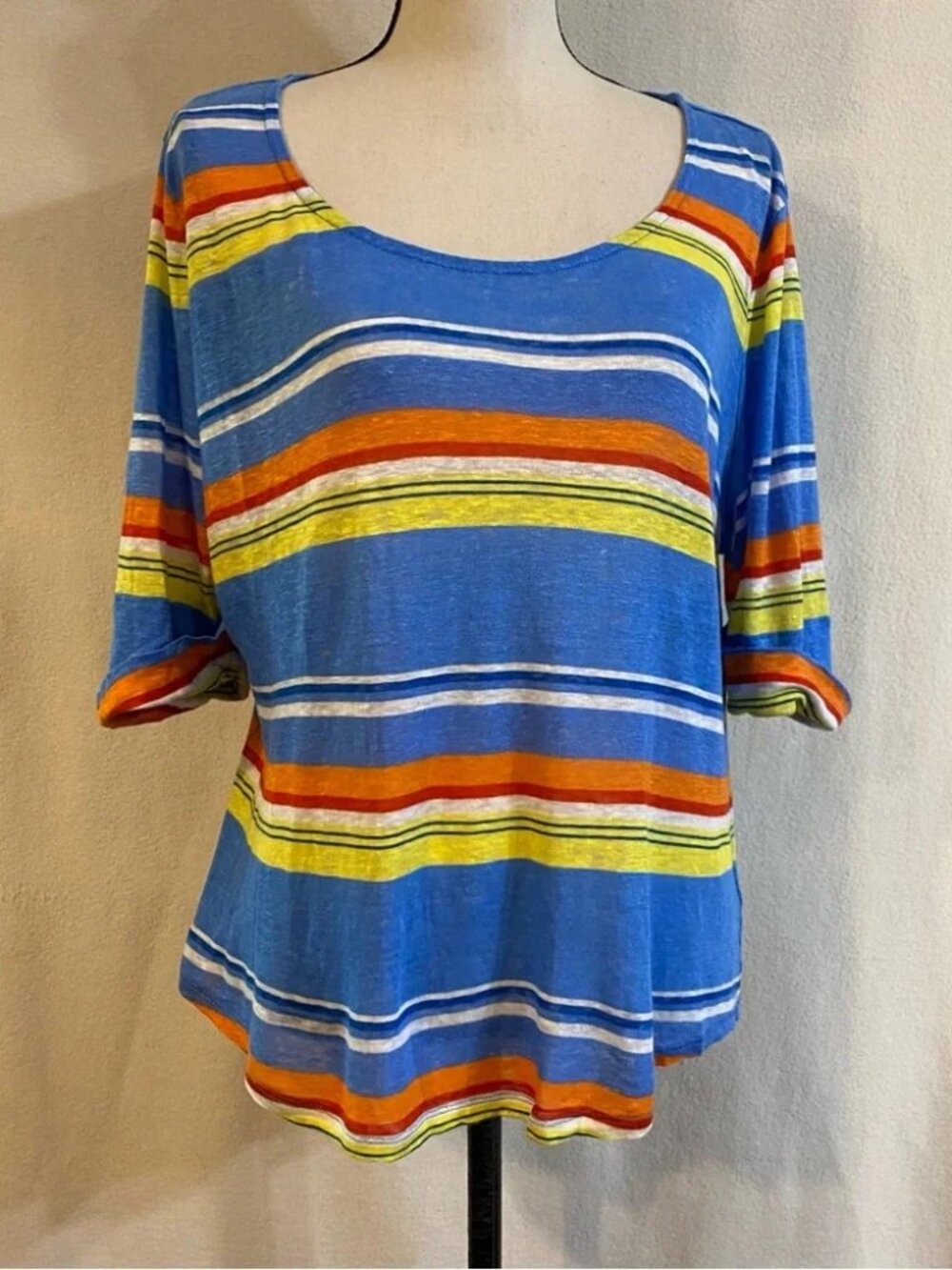 Lauren Ralph Lauren 100% linen cuffed sleeve blue striped knit top